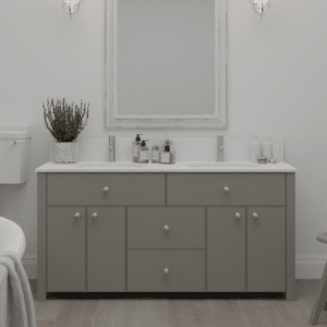Windermere luxury vanity unit with double undermounted sinks, silver knobs and taps