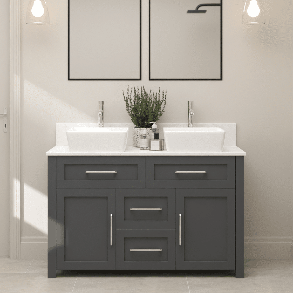 Double top mounted sink unit, luxury painted finish with shaker style doors and drawers, silver bar handles and square sinks