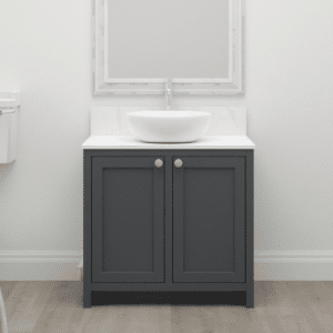 In-frame Coniston Painted vanity sink unit with shaker doors, silver knobs, sink and silver tap