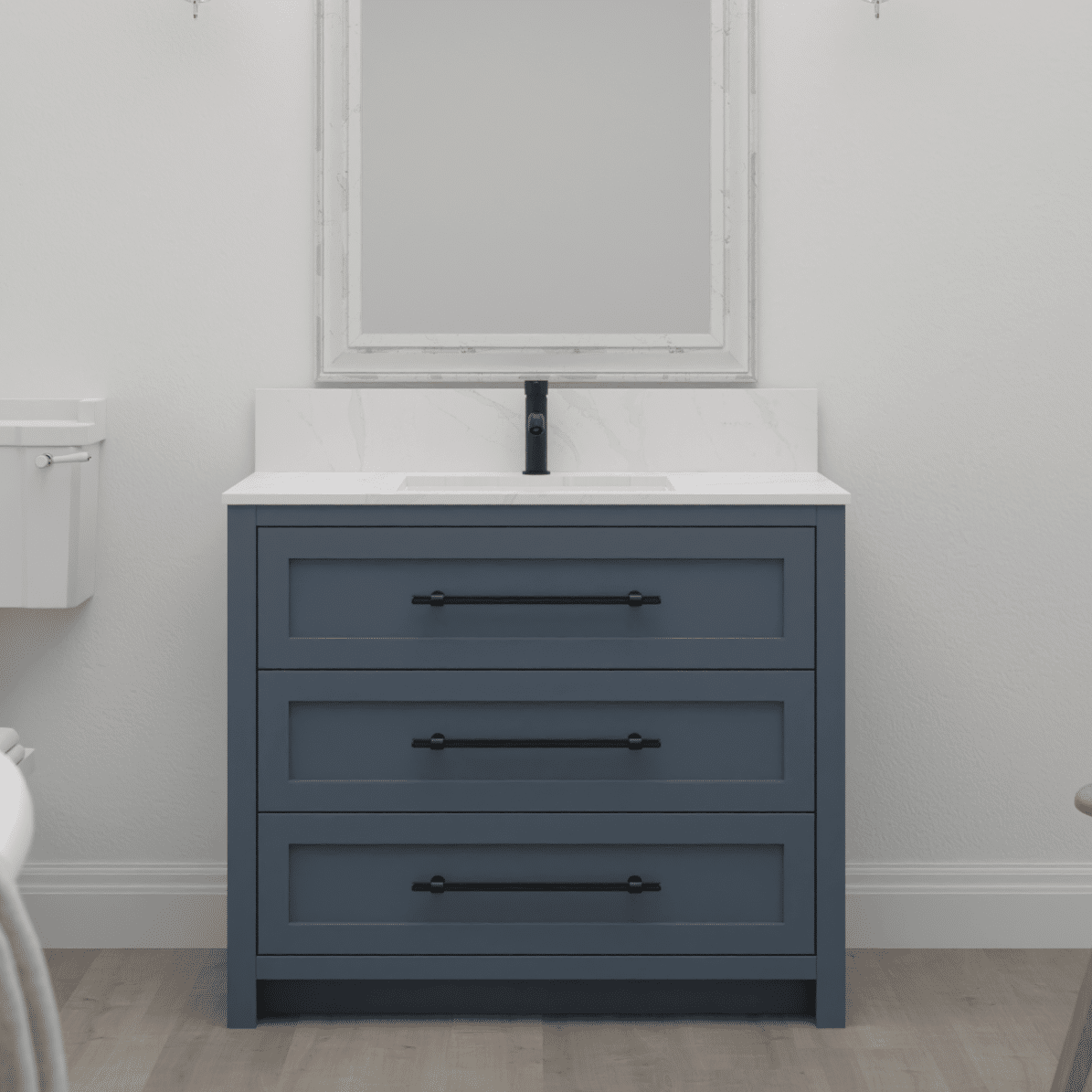 Three drawer single sink vanity unit with shaker fronts and in frame styling, white counter top and black bar handles