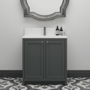 The Holme luxury painted single undermounted sink vanity unit with shaker doors and in frame design, solid countertop and silver fittings in a dark paint